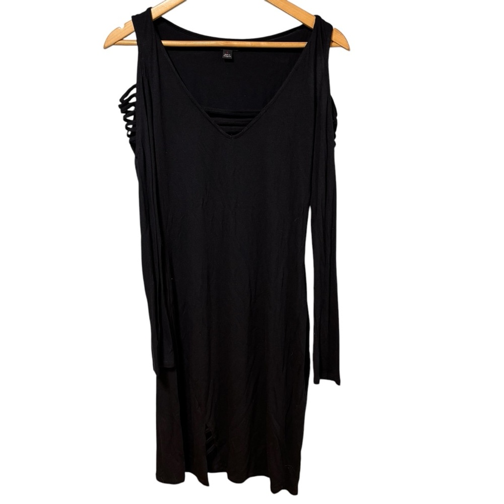 Black Cold Shoulder Cage Cutout Long Sleeve Mini Dress Strappy V-Neck Small #21
